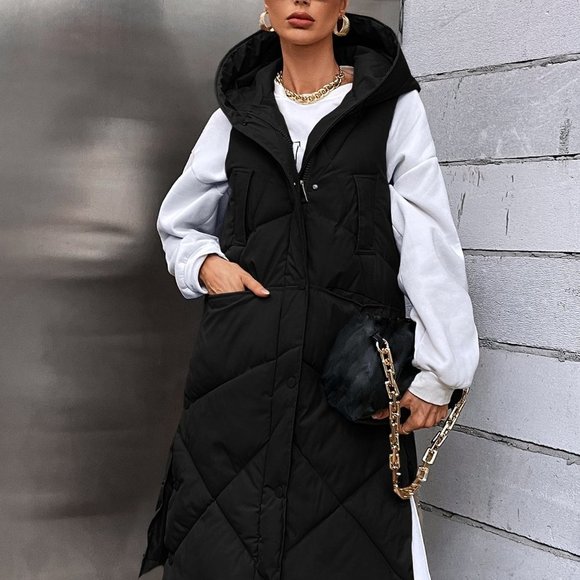 Black Casual Womens Pocket Zip Up Hooded Puffer Vest Coat - Picture 5 of 5